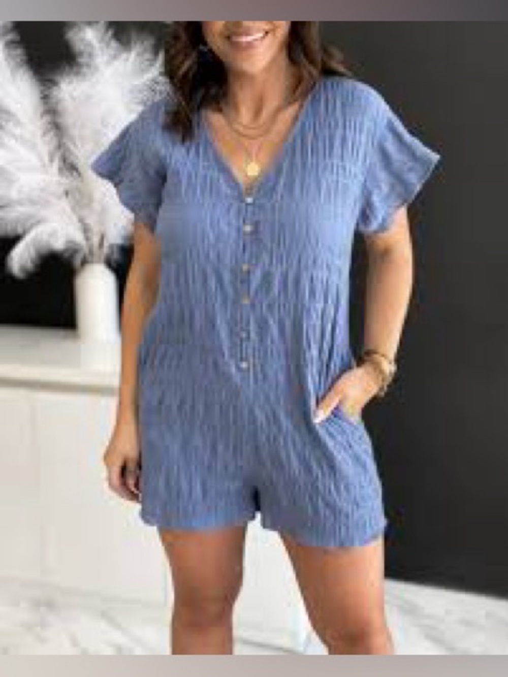 Lush Textured Boho‎ Blue Button Romper Medium Pockets Beachy